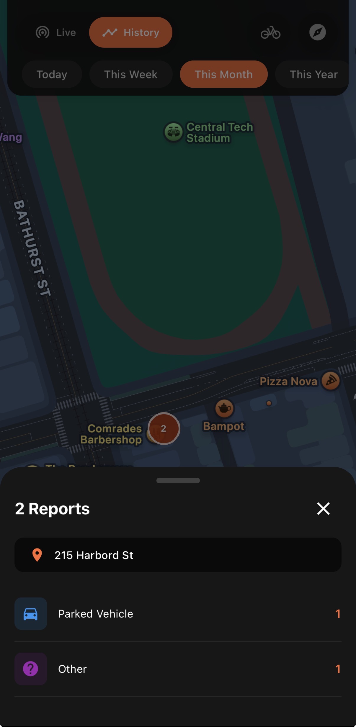 BikeEye app showing map with report clusters in Toronto