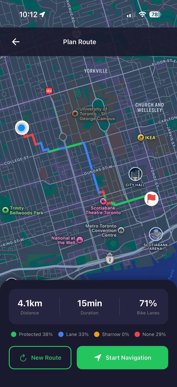 BikeEye Pro showing route with bike lane statistics